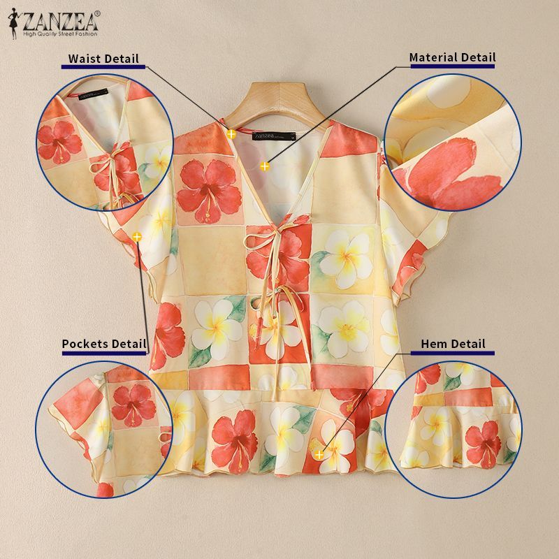 ZANZEA ผู้หญิงเกาหลี Elegant Art ความงาม V คอ Ruffle แขน Tie-Up Bows ดอกไม้พิมพ์ A-Line เสื้อ — صورة 7