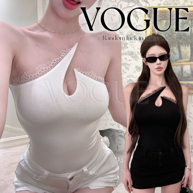Vogue🌟พร้อมส่ง🌟 เสื้อสายเดี่ยวสายไขว้ ดีเทลขอบลูกไม้ เรียบหรู มีฟองน้ำในตัว (FY3007)