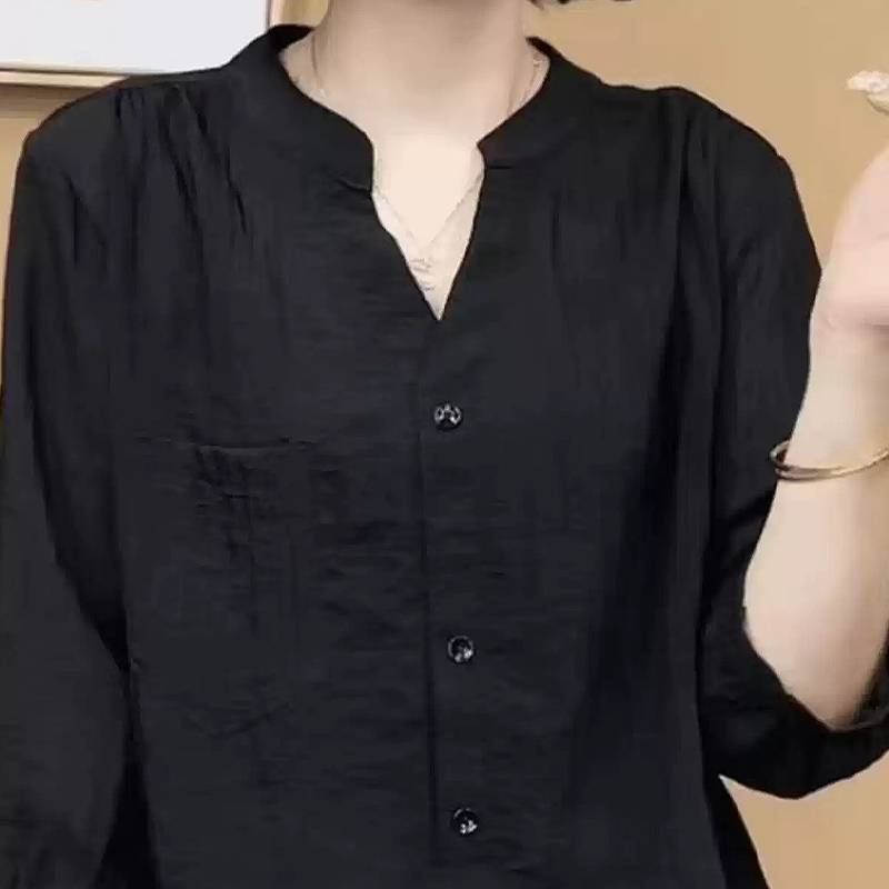 เสื้อเชิ้ตสีดำผู้หญิง ฤดูร้อน คอวี แขนยาว ทรงหลวม ไว้อาลัย