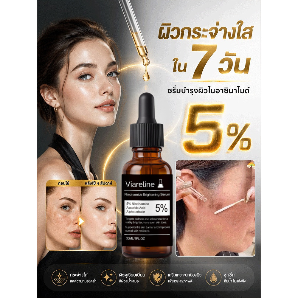 7 วันเพื่อผิวกระจ่างใส🔥เซรั่มบำรุงผิวใสสูตรไนอาซินาไมด์ เซรั่มไนอาซินาไมด์ 5% เซรั่มบำรุงผิวหน้า กระจ่างใสจุดด่างดำ ลดความหมองคล้ำ เพิ่มความชุ่มชื้น ไม่เหนียวเหนอะหนะ อ่อนโยนปลอดภัย เห็นผลผิวดูสว่างใสสม่ำเสมอ จัดส่งฟรี