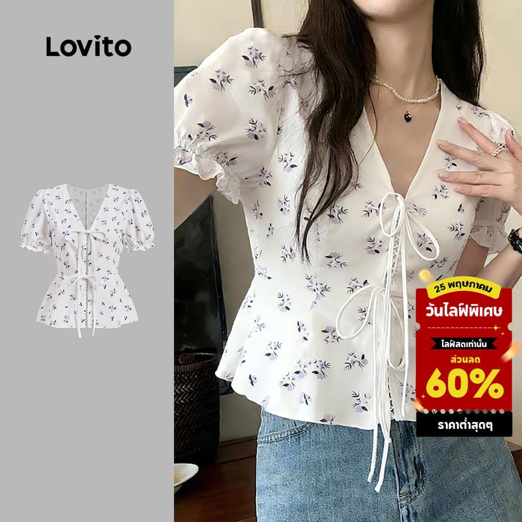 Lovito เสื้อลำลองผูกเชือก ดีไซน์ลายดอกไม้ ทรงเข้ารูป โปร่งเล็กน้อย สำหรับผู้หญิง เหมาะสำหรับฤดูใบไม้ผลิ/ฤดูร้อน L178ED1299