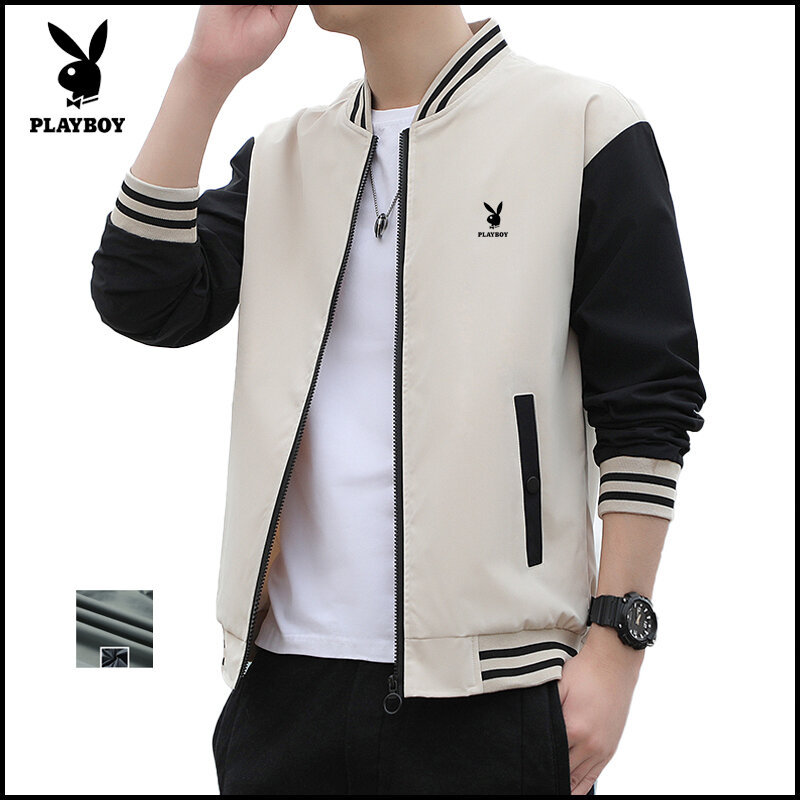 PLAYBOY ฤดูใบไม้ผลิเสื้อแจ็คเก็ตผู้ชายยืนปกสีดําเยาวชนแฟชั่นเกาหลี Trench Coat Pilot Baseball
