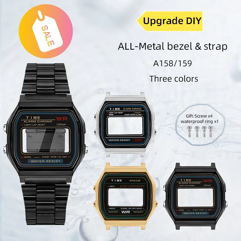 A159/158A โลหะชุด Mod Case BEZEL สําหรับ F91 Casio 593 a158WE กรณีสแตนเลสสายคล้อง A168 BEZEL สร้อยข้