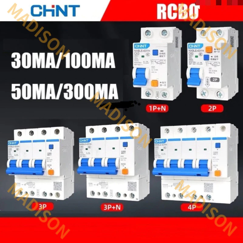 CHINT 30mA 100mA 300mA RCBO 10A 16A 20A 25A 32A 40A 63A NXBLE-63YH ประเภท C 1PP + N 2P 3P + N 4P 230V Residual Current Actuated Circuit Breaker