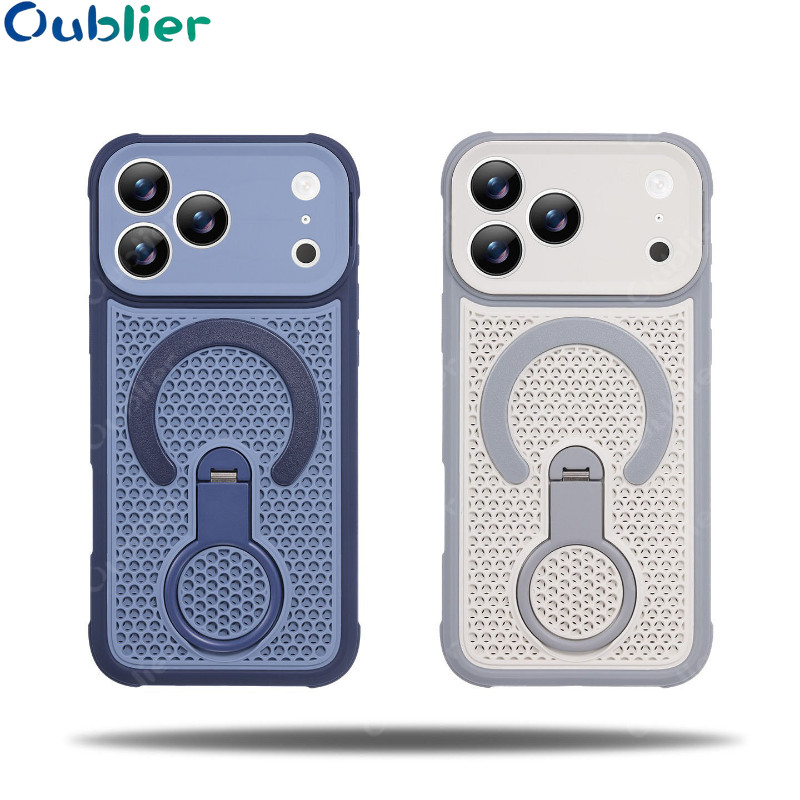 เคสโทรศัพท์แม่เหล็กระบายความร้อนสำหรับ ไอโฟน iPhone 17 Air 16 15 14 13 12 11 Pro Max Plus เคส Case ดีไซน์ใหม่ ฝาหลังซิลิโคนนุ่มระบายความร้อน กันกระแทก พร้อมขาตั้งหมุนได้ 360°
