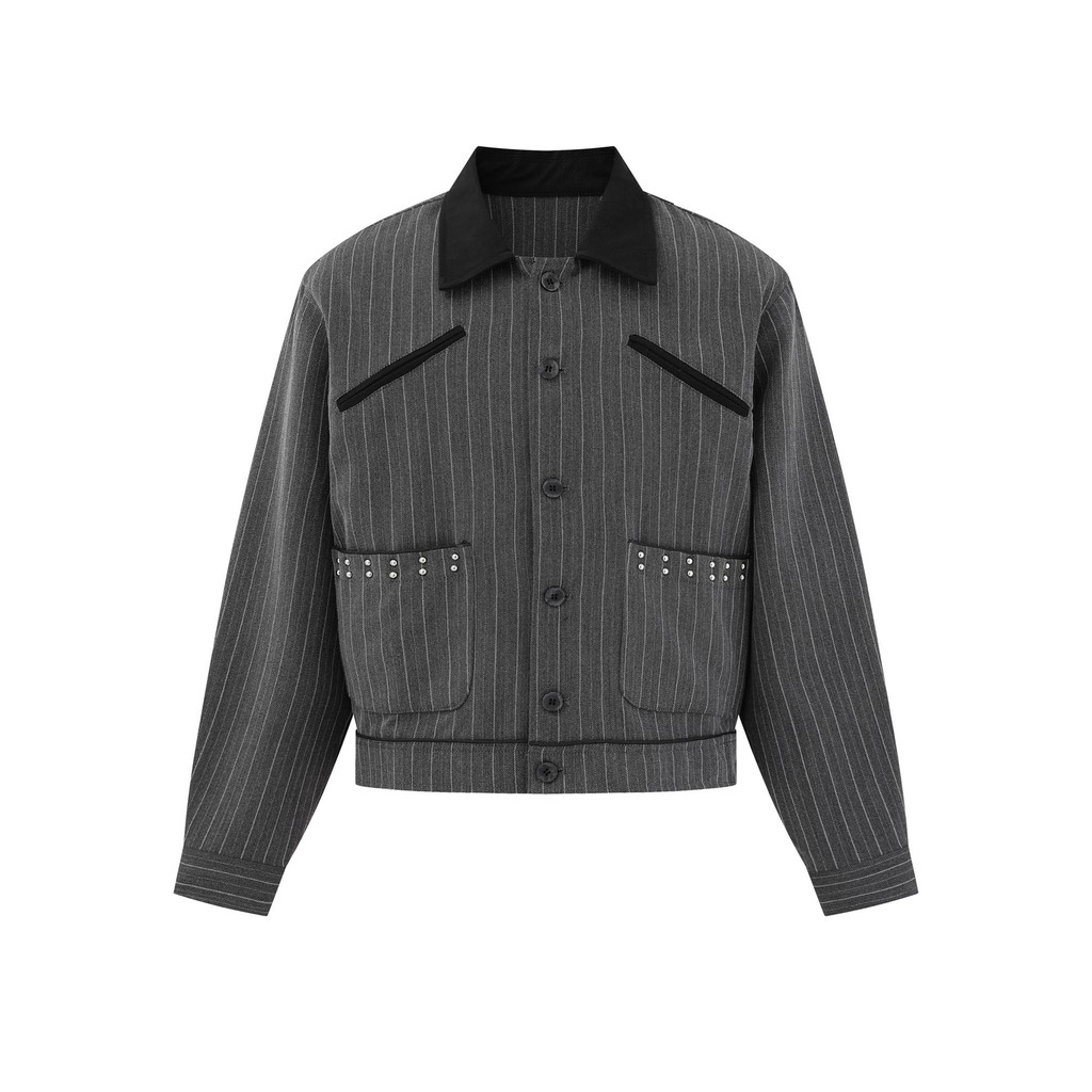 Retro Old Money Style Lapel Rivets เสื้อแจ็คเก็ตลายสั้นผู้ชายหล่อเสื้อลําลอง