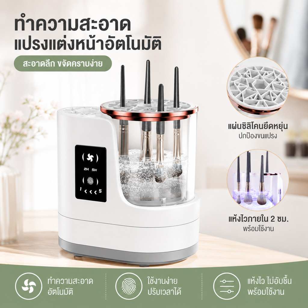 เครื่องล้างแปรงแต่งหน้าไฟฟ้า 3in1 ชาร์จUSB ล้างและตากแห้งในเครื่องเดียว ถนอมขนแปรง