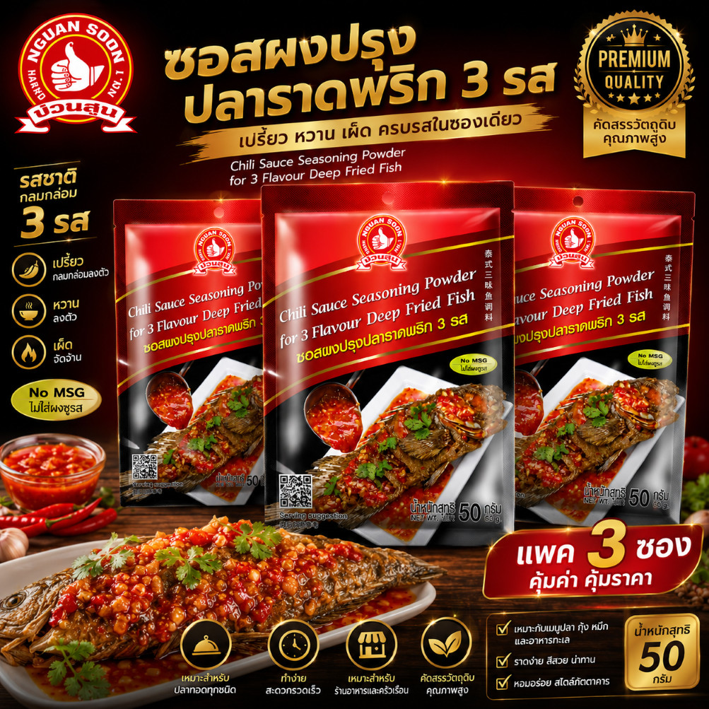 ซอสผงปรุงปลาราดพริก 3 รส 50 g แพค 50g x 3 ซอง ตรามือที่ 1