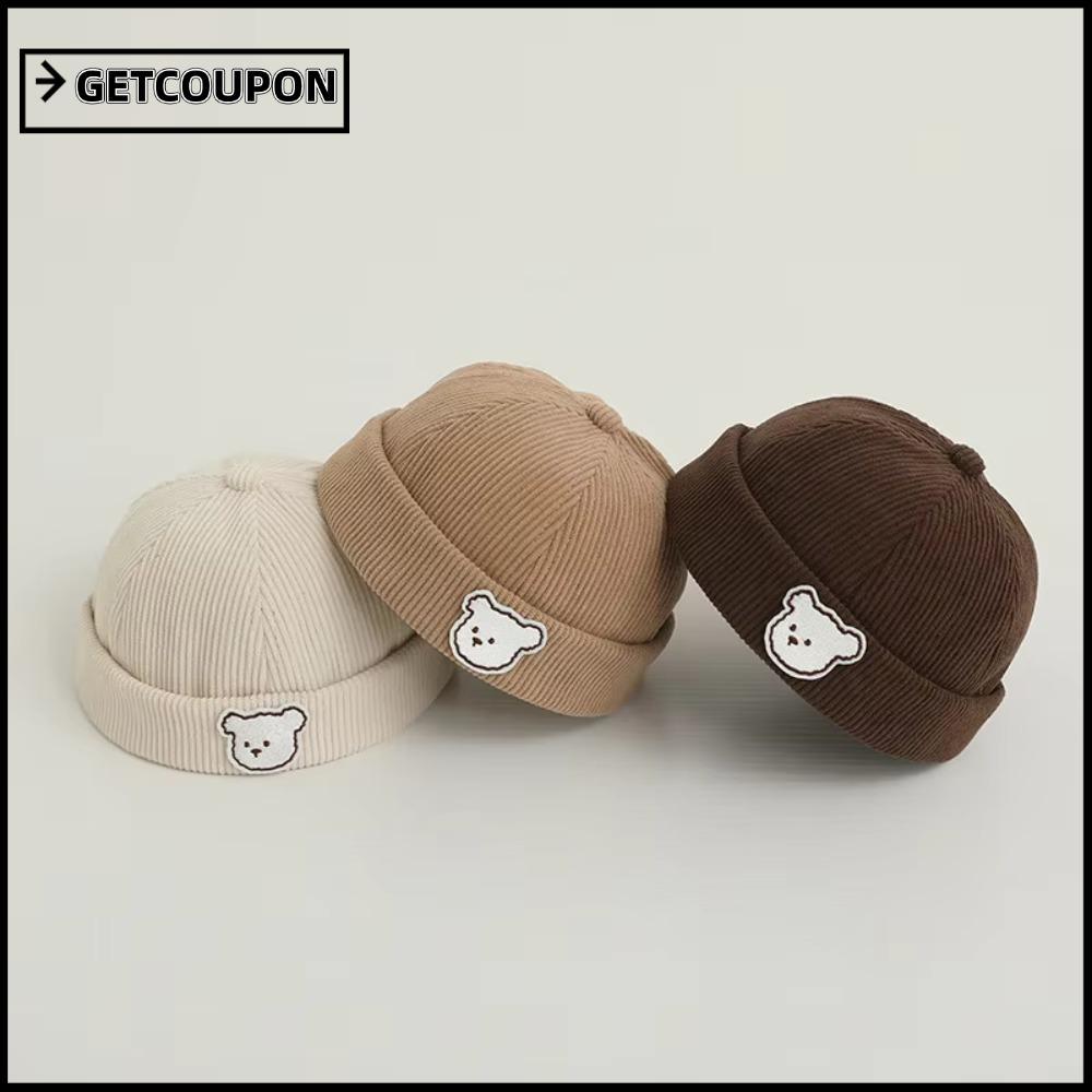 GETCOUPON Brimless Hat, Solid Color Warm Landlord Hat, Korean Style Adjustable Cartoon Bear Corduroy Kids Cap Autumn Winter