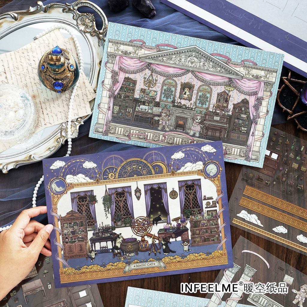 Idako [My Cabin Thirty-Fourth Bullet] 4 ชิ้นขนาดใหญ่แฟนตาซีพระราชวังสไตล์ 2.5D ภูมิทัศน์สติกเกอร์ทําด้วยมือ diy SS016