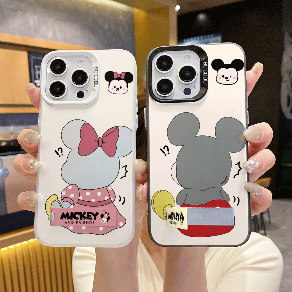 เคสโทรศัพท์มือถือพร้อมขาตั้งสำหรับ IPhone 16 15 11 13 12 14 17 Air Pro Max XR Max มิกกี้ มินนี่ เส้นด้ายขนนก IMD CYK699A