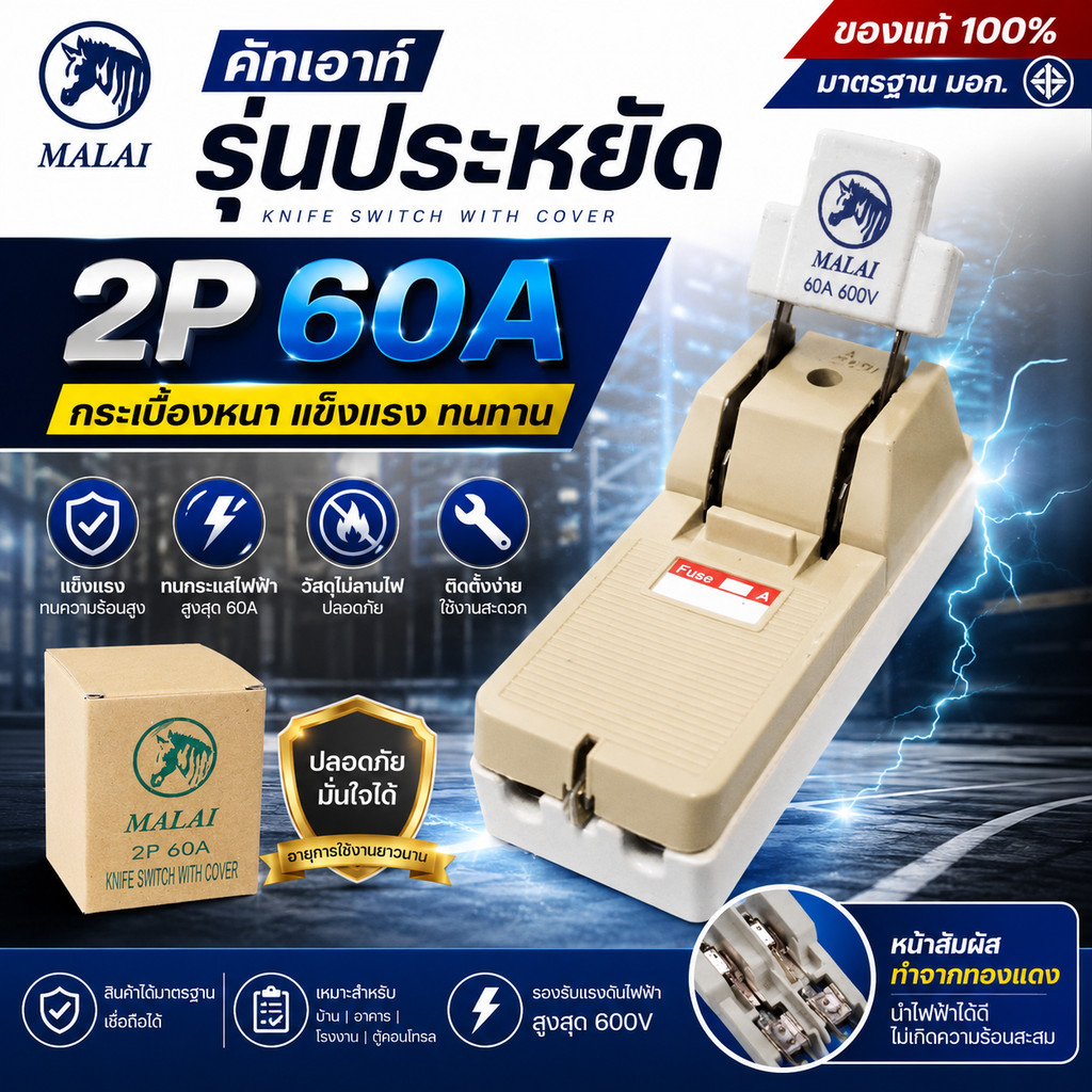 "ม้าลาย" MALAI คัทเอาท์ 2P 60A คัทเอาท์ แบบ สับทางเดียว 2P 60A พร้อมฟิวส์ก้ามปู x 2 ตัว) สะพานไฟ