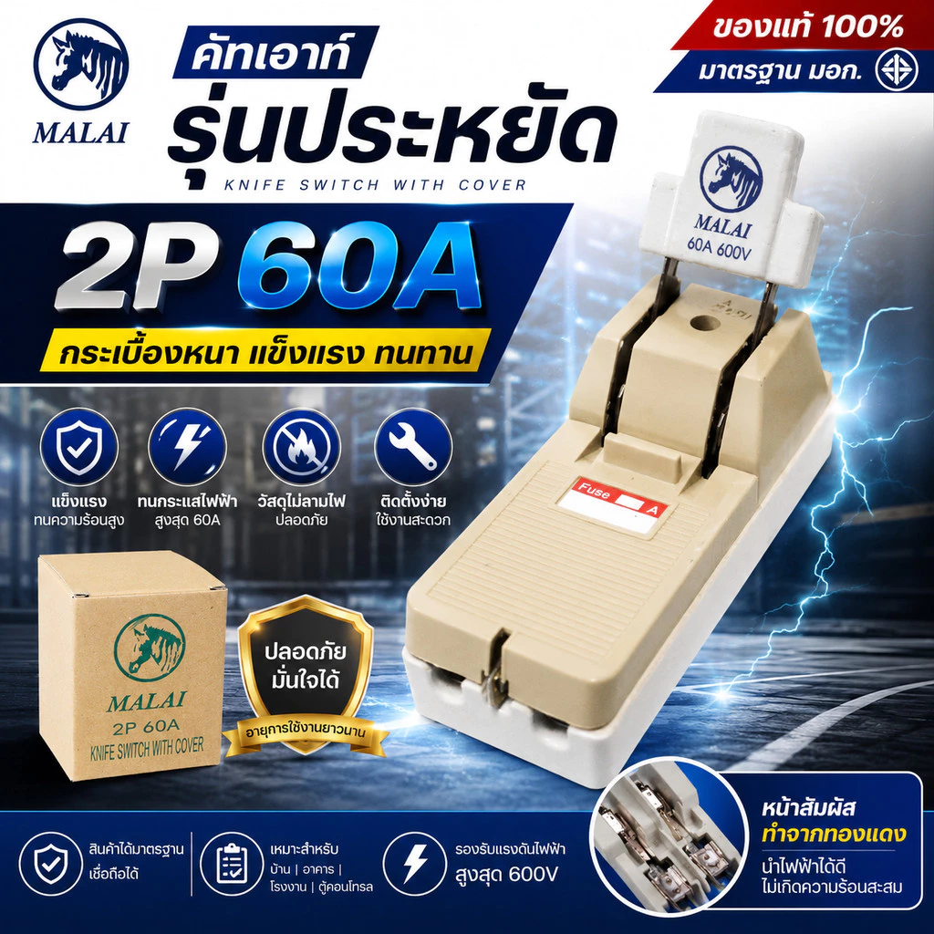 "ม้าลาย" MALAI คัทเอาท์ 2P 60A คัทเอาท์ แบบ สับทางเดียว 2P 60A พร้อมฟิวส์ก้ามปู x 2 ตัว) สะพานไฟ