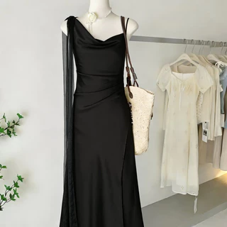 99436 พร้อมส่งไทย เดรสสตรีสไตล์ฝรั่งเศส มีริบบิ้น ผ้าตัดทรงไม่สม่ำเสมอ เดรสสายเดี่ยวทรงเอ ฤดูร้อน รัดเอว มีหลายสี