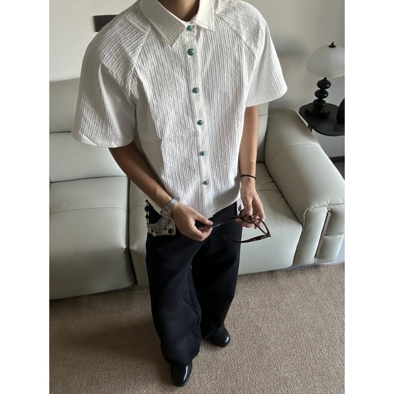 เกาหลี เกาหลี {Ocean Tears} เสื้อเชิ้ตแขนสั้น T-Shirt Turquoise Textured Pleated Shirt Old Money box