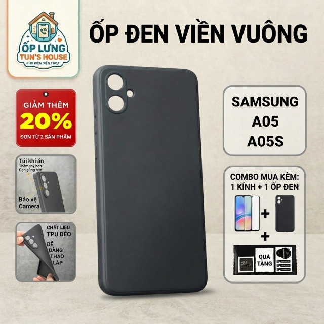 เคส Samsung A05, A05s, เคสทูนสีดําล้วน | เคสโทรศัพท์แบบยืดหยุ่น SS galaxy ปกป้องกล้องโทรศัพท์ Samsun