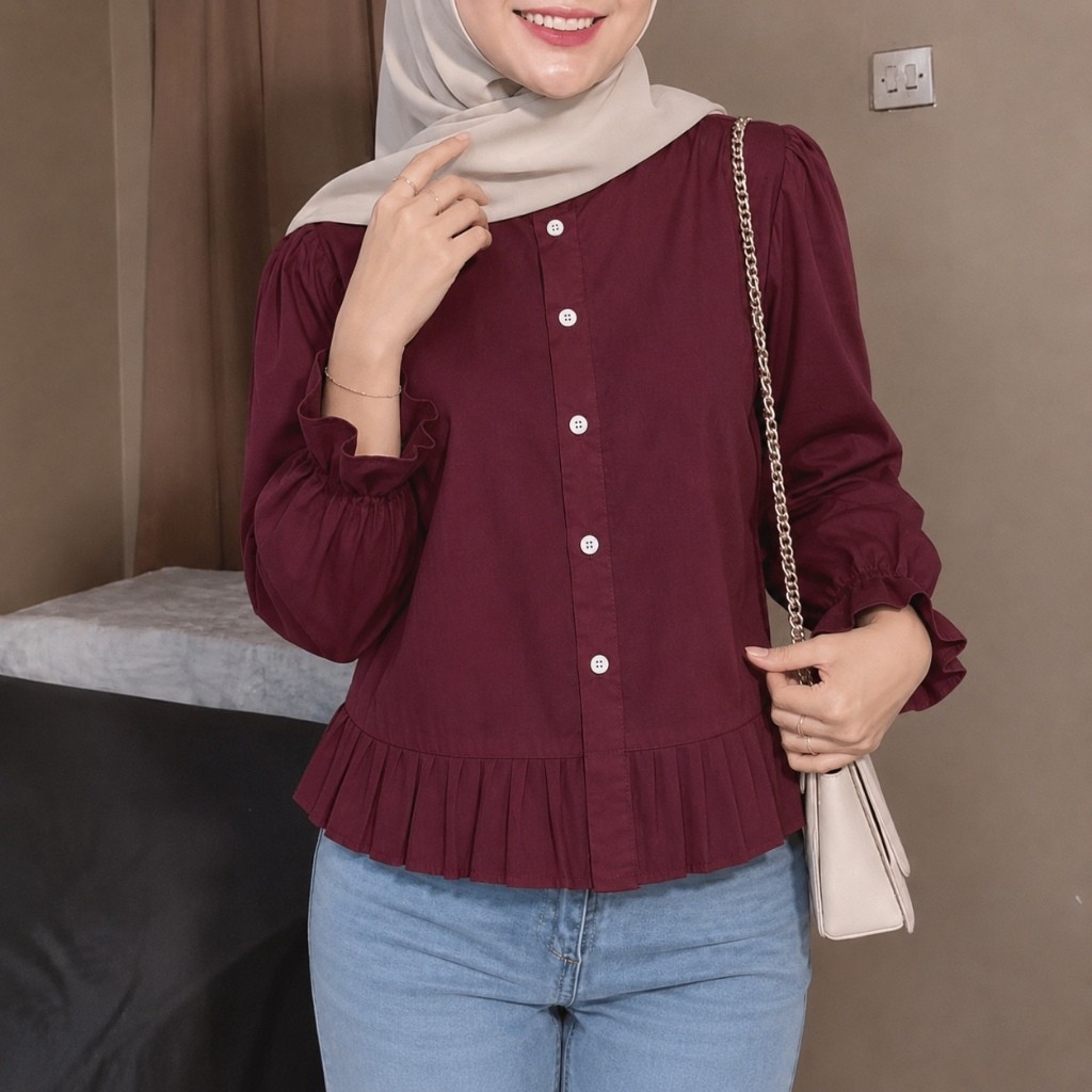 Tq88indonesia CANIA BLOUSE สไตล์เกาหลีแขนยาวธรรมดาปุ่มด้านหน้า