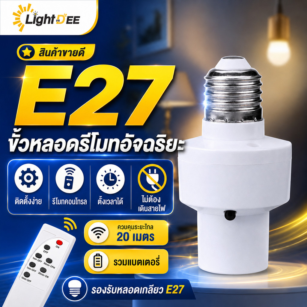 【หลอดไฟ+ขั้ว】มีรีโมท Remote หลอดไฟ LED E27 220V ชุดหลอดไฟ หลอดไฟไร้สาย แสงขาว/แสงวอร์ม พร้อมส่ง