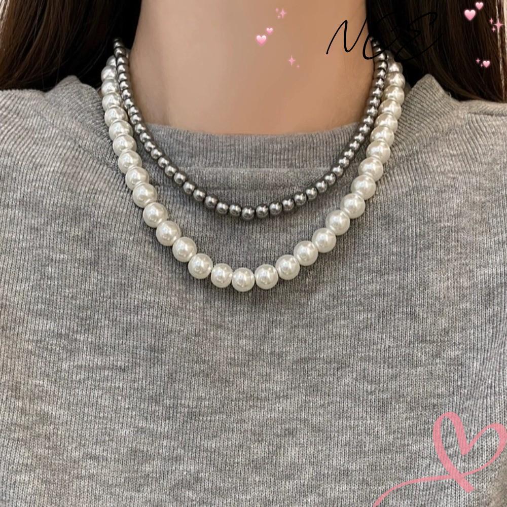 สร้อยคอไข่มุกสีเทา NCE, เค้นคอลูกปัดเทียมสีขาว, เครื่องประดับโซ่กระดูกไหปลาร้าลูกปัดหลายขนาด