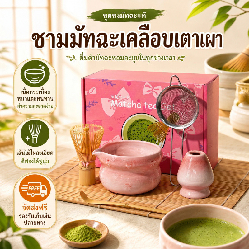 COD เซตชงชามัทฉะสีชมพู เลือกใช้ 5 ชิ้น แบบดั้งเดิมญี่ปุ่น ประกอบด้วยถ้วยชง ชามตี มีปากเทชา ดูน่ารักเหมาะตกแต่งบ้าน