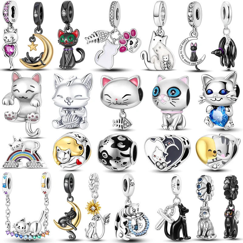 คอลเลกชันแมว 925 Silver Charms ลูกปัด Persian Bell Anderson Multifarous Cats Dangle Fit B