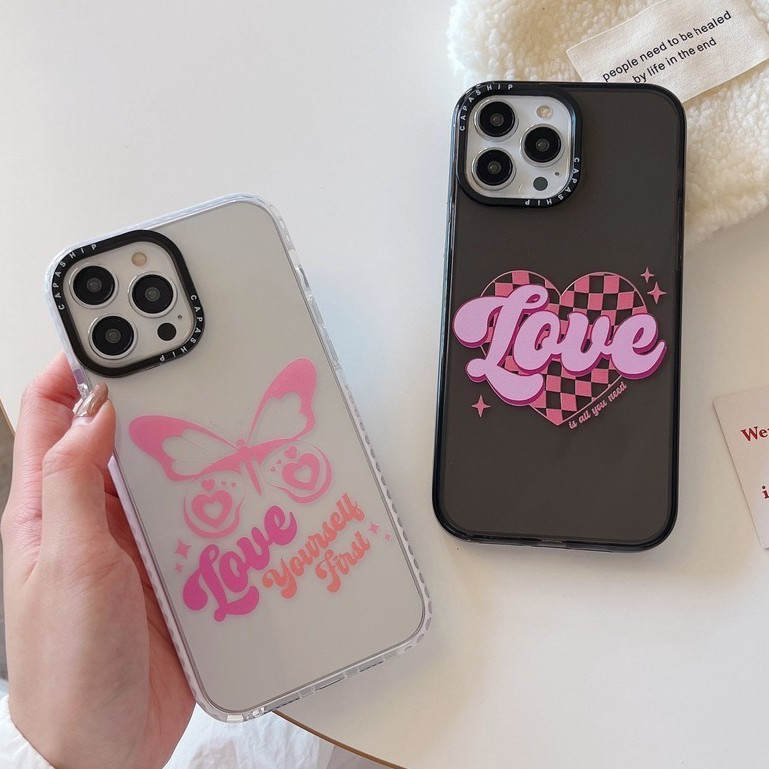 CAPASHIP ผีเสื้อ Love Yourself Cure หัวใจสีชมพู 90S retro Y2K นุ่มกรณีสําหรับ iPhone 17 Pro Max Air 