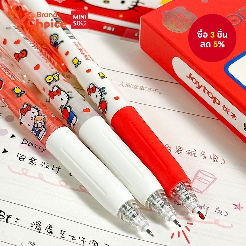 MINISO ปากกาเจลสีแดง Hello Kitty 3-Pack, 0.5 มม. หมึกสีดําแบบพับเก็บได้, อุปกรณ์การเรียนน่ารักพร้อมคู่มือการเขียนอะแดปเตอร์ลายมือ