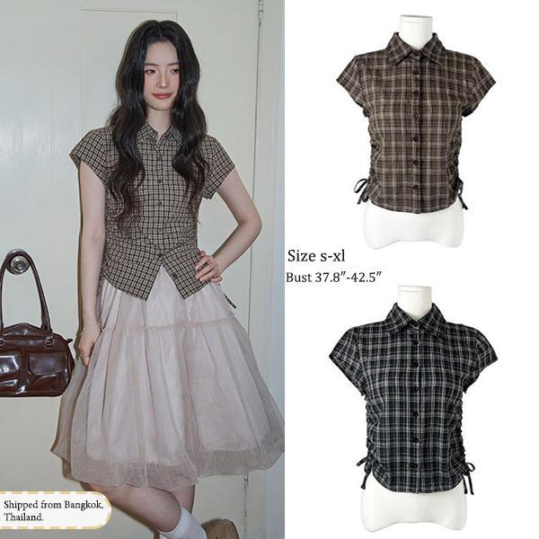 [สินค้าพร้อมส่งเสื้อครอปเข้ารูปลายสก็อต สไตล์เรโทรน่ารัก ฤดูร้อน เหมาะสำหรับสวมใส่ทุกวัน แฟชั่น ลำลอง สำหรับผู้หญิง#W725
