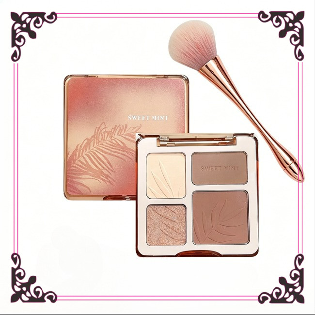ชุดแต่งหน้า Sweet Mint พาเลทคอนทัวร์ไฮไลท์จมูก กันน้ำ กันเหงื่อ ติดทนนาน + แปรงปัดแป้งรูปท้องคอดอกกุหลาบ ขนนุ่มละมุน