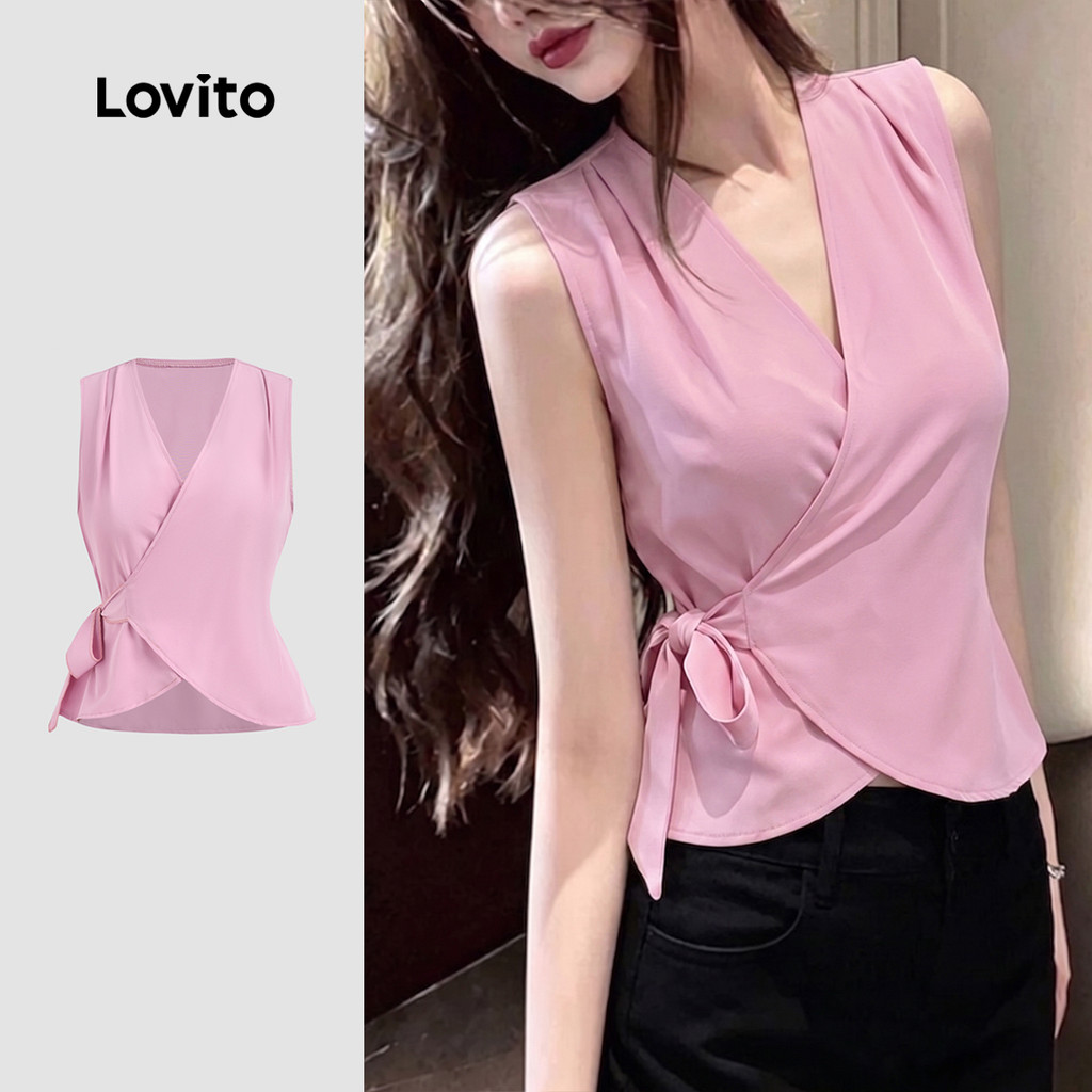 (New Arrival) Lovito เสื้อเบลาส์ลําลองสีชมพูสําหรับฤดูร้อนของผู้หญิง L195ED218