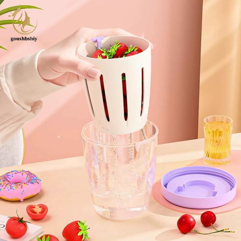 [GOY] ภาชนะสลัดทรงกระบอกPlastic Fruit Cup With Fork And Drain Hole, Multi-Purpose Portable ผักกล่องอาหารกลางวัน TH