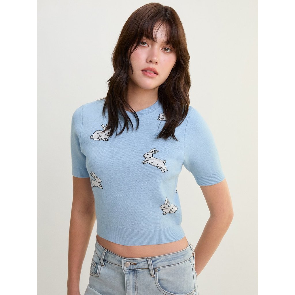 [Pomelo] เสื้อครอปไหมพรหมปักลายกระต่าย / Embroided Bunny Knit Crop Top