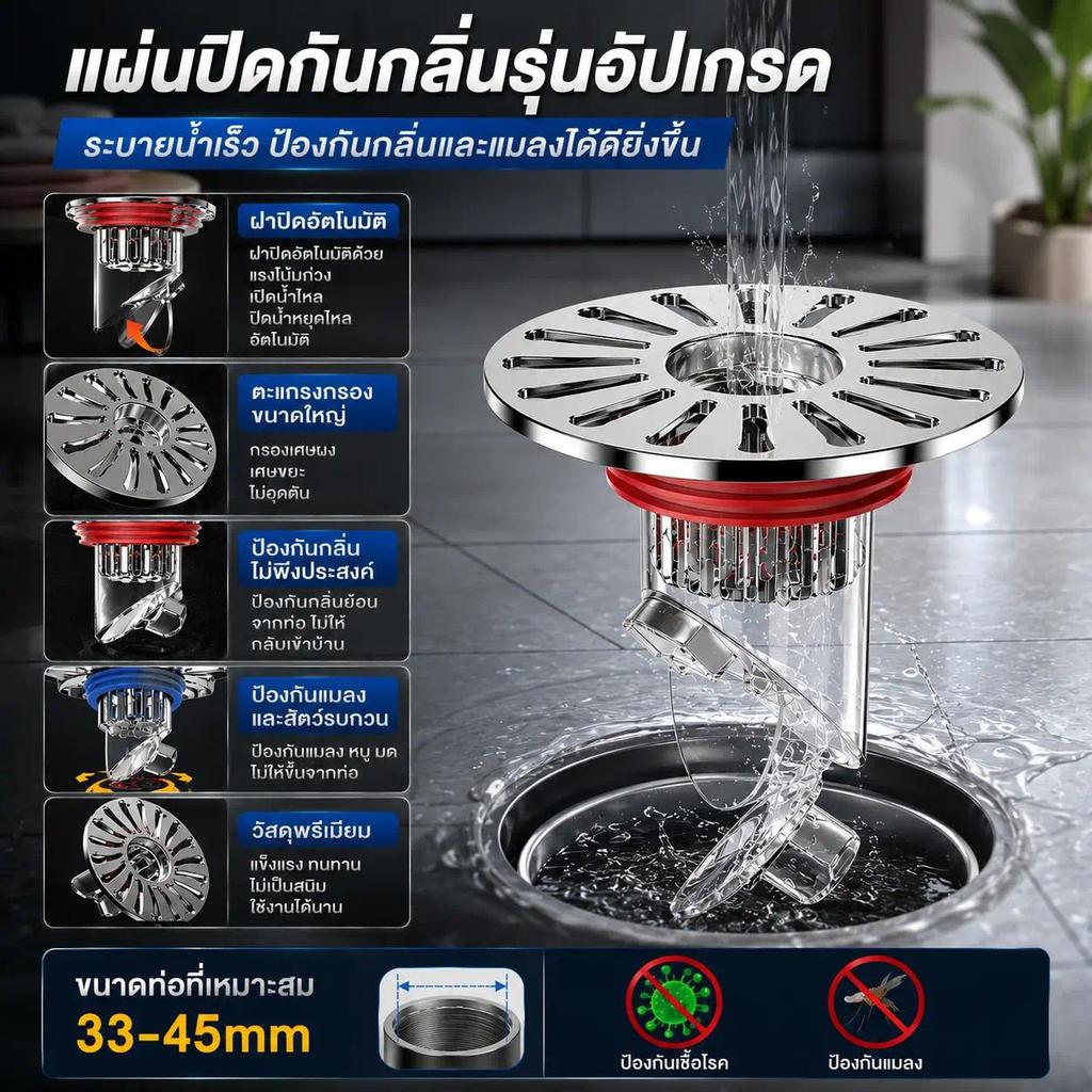 ฝาท่อกันกลิ่นห้องน้ำ รุ่นอัปเกรด กันแมลง กันกลิ่นเหม็น ป้องกันน้ำย้อน น้ำไหลแรง ใช้ได้กับท่อ PVC และสแตนเลส