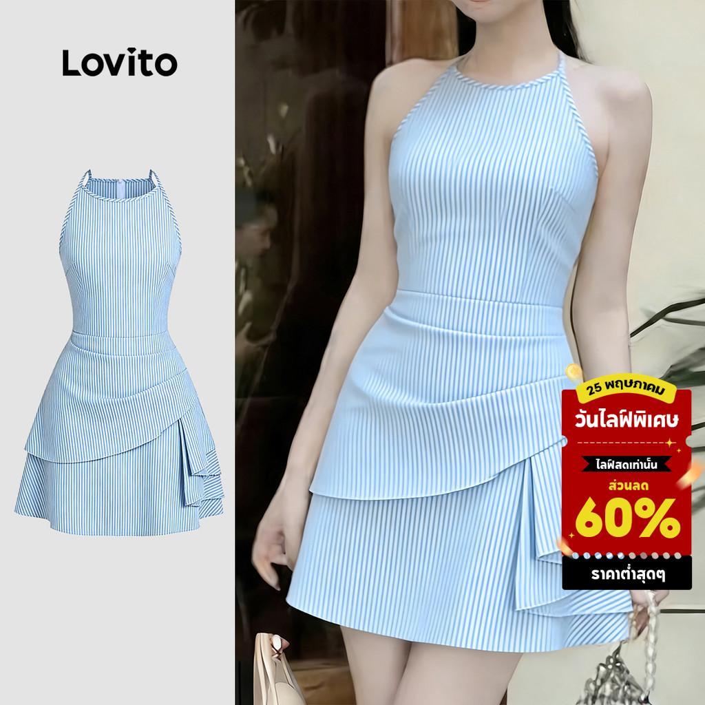 Lovito  เดรสลําลองทรงอสมมาตรระบายสไตล์ฤดูใบไม้ผลิ/ฤดูร้อน สีฟ้าขาว สําหรับผู้หญิง LK4ED747