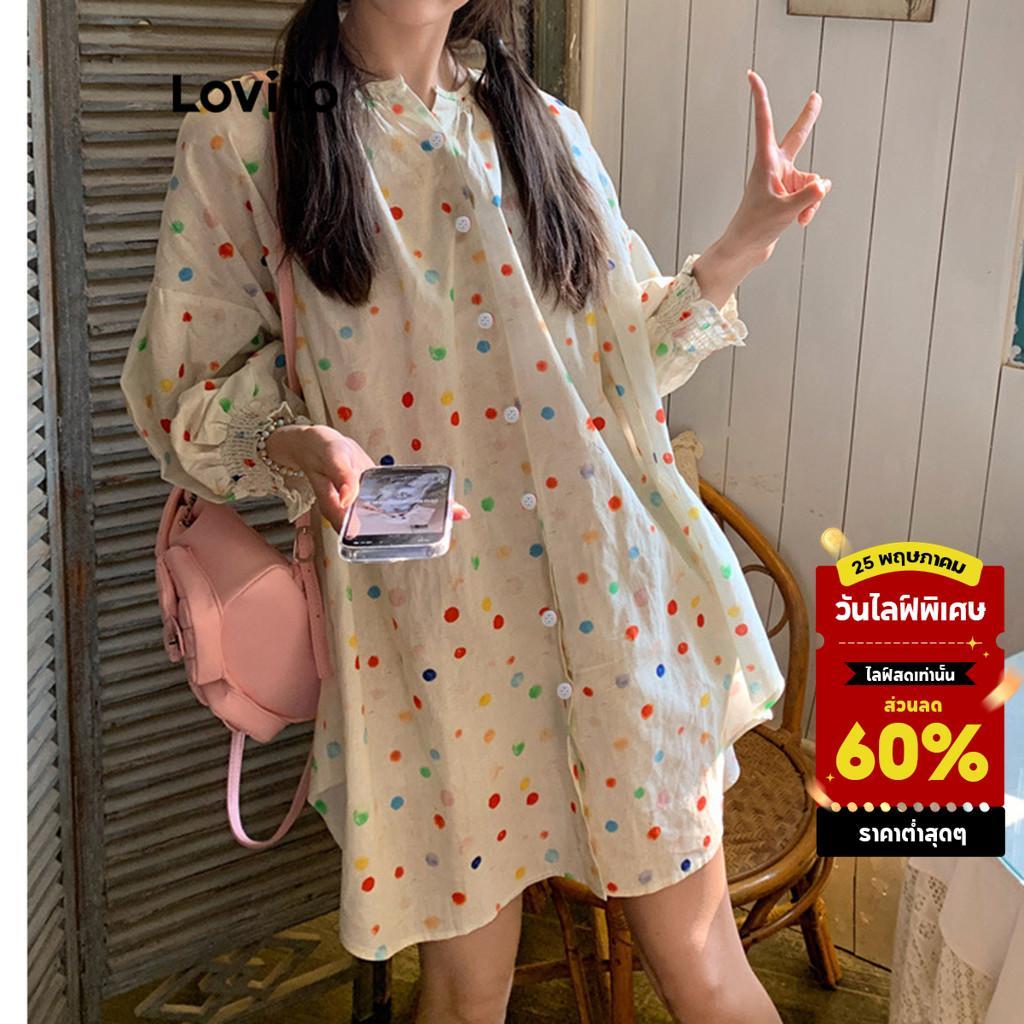 Lovito ชุดเดรสน่ารัก ชุดเดรส ลายจุดสีบล็อกสําหรับผู้หญิง LNA42176