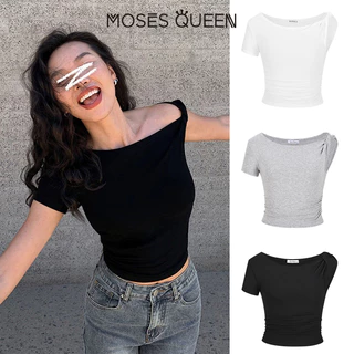 MOSESQUEEN สีดําคอเฉียงเสื้อยืดปิดไหล่ผู้หญิง ฤดูร้อนใหม่ออกแบบสลิมฟิตสั้นไหล่เฉียงด้านบน #62823