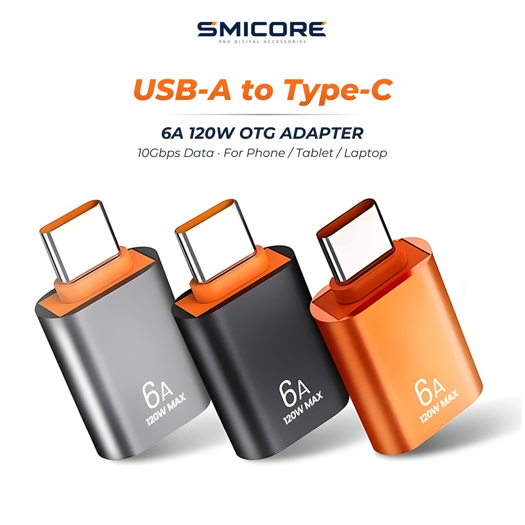 USB to Type-C OTG อะแดปเตอร์ 6A 120W ชาร์จเร็ว USB3.1 ส่งข้อมูล 10Gbps สำหรับมือถือ แท็บเล็ต แล็ปท็อป