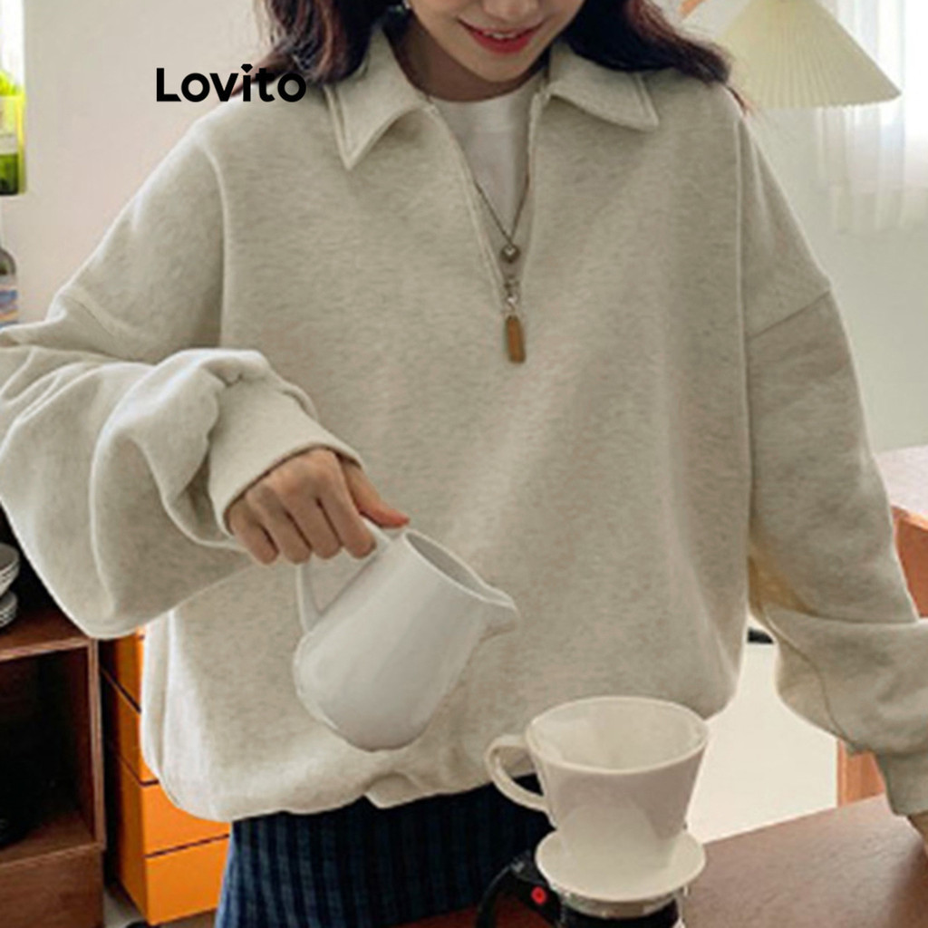 Lovito x Poppy เสื้อสเวตเตอร์ลำลองแบบเรียบมีซิปสำหรับฤดูใบไม้ผลิและฤดูร้อนสำหรับผู้หญิง L102AD477