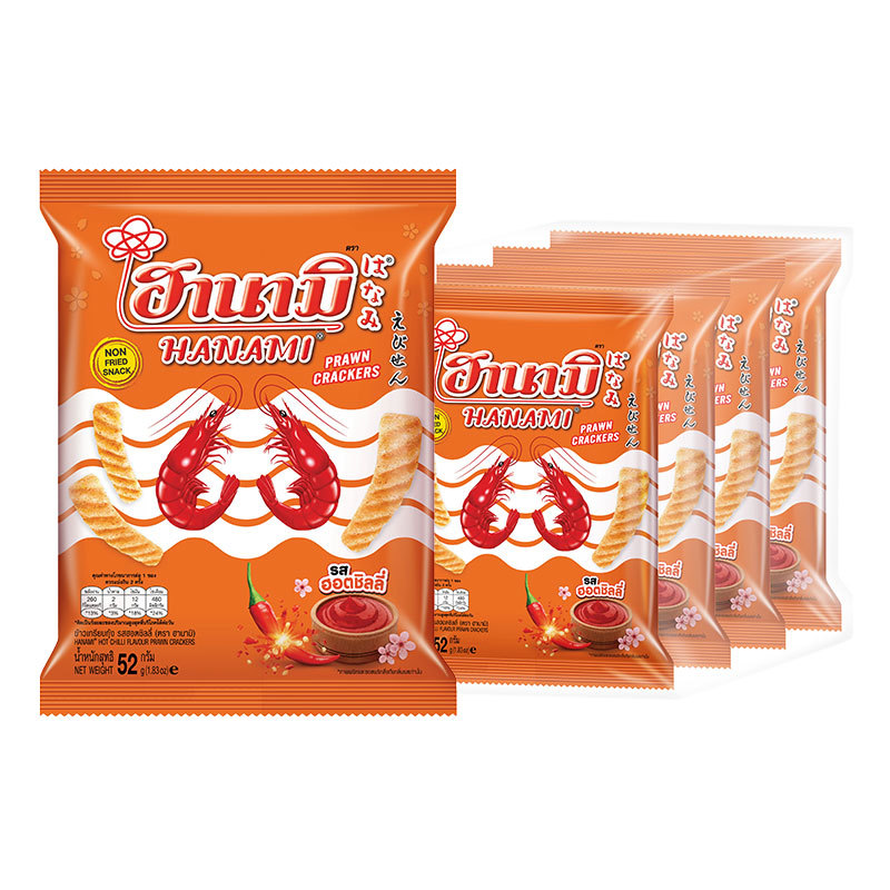 ฮานามิ ข้าวเกรียบกุ้ง รสฮอตชิลลี่ 52 ก. x 4 (HANAMI Prawn Cracker Hot & Chili 52 g x 4) โปโลแมน POLOMAN