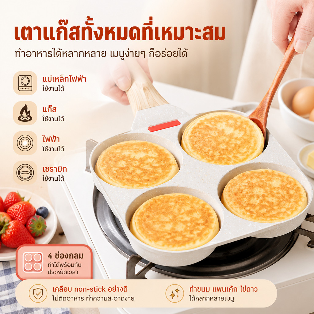 กระทะ 4 หลุม 18.5cm กระทะทอดไข่ กระทะเบอร์เกอร์ กระทะอาหารเช้า เคลือบไม่ติด ใช้ได้หลายเตา S00029