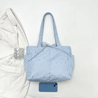 tokyosellected(T2614) กระเป๋าสะพายผ้าสีพื้นลายดาว ผ้าอ๊อกซ์ฟอร์ด