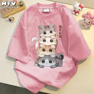 【จัดส่งตลอด 24 ชั่วโมง】NFV สไตล์เกาหลี💙เสื้อยืด ระบายอากาศ ลายแมวน่ารัก Oversized สะดวกสบาย ผ้าฝ้าย100% YG470