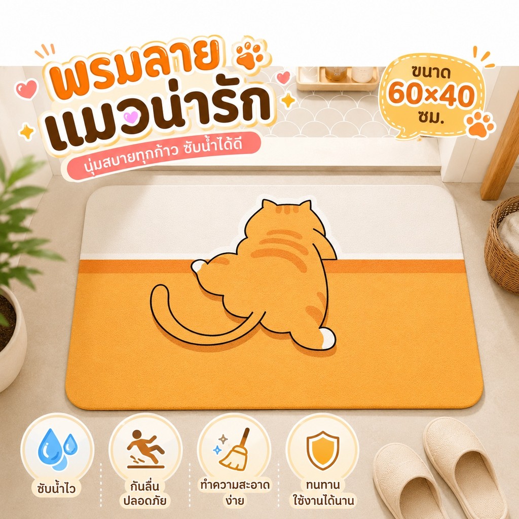 🐱 พรมปูพื้นลายแมวส้มสุดน่ารักกวนใจ | สำหรับหน้าห้องน้ำหรือในห้องน้ำ ดูดซับน้ำดี กันลื่น ✅S00150