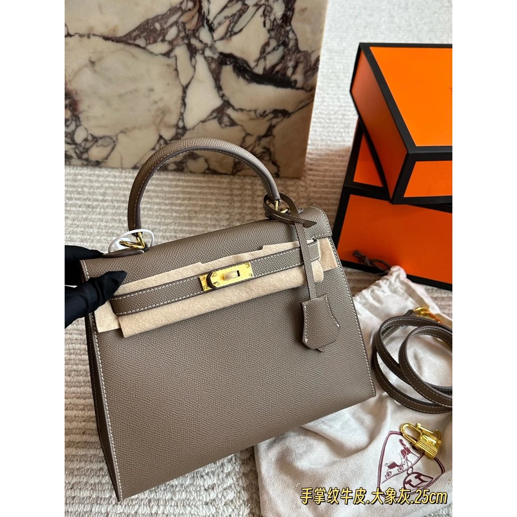 Aima Kelly 25 Gold Buckle Palm Grain Cowhide Kelly Bag กระเป๋าถือกระเป๋าสะพายไหล่
