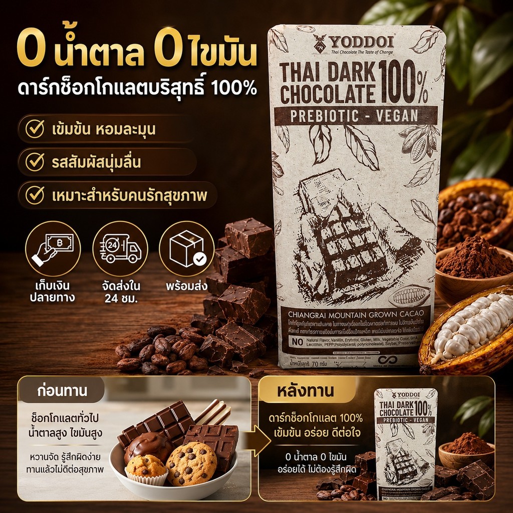 ✨สุขภาพดี/ไร้น้ำตาล✨ ช็อกโกแลตดำล้วน100% เชียงราย【ไม่เติมน้ำตาล/ให้พลังงานต่ำ】 โกโก้บริสุทธิ์/ไม่มีไขมันทรานส์ | ลดความอ้วน/ควบคุมน้ำหนัก | รสชาติเข้มข้น/ละลายในปาก | เหมาะสำหรับคนลดน้ำหนัก/สายคลีน