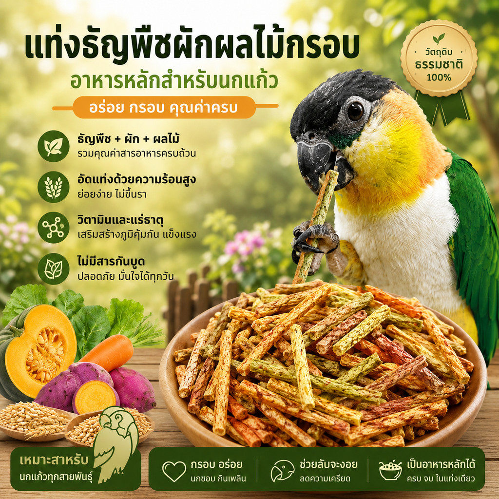 parrot.thailand แท่งธัญพืชรวมผักผลไม้ ขนมตกนกแก้ว ขนมลับฟัน/ลับปากนก แก้อาการซึม ลดความเครียด 100 กรัม