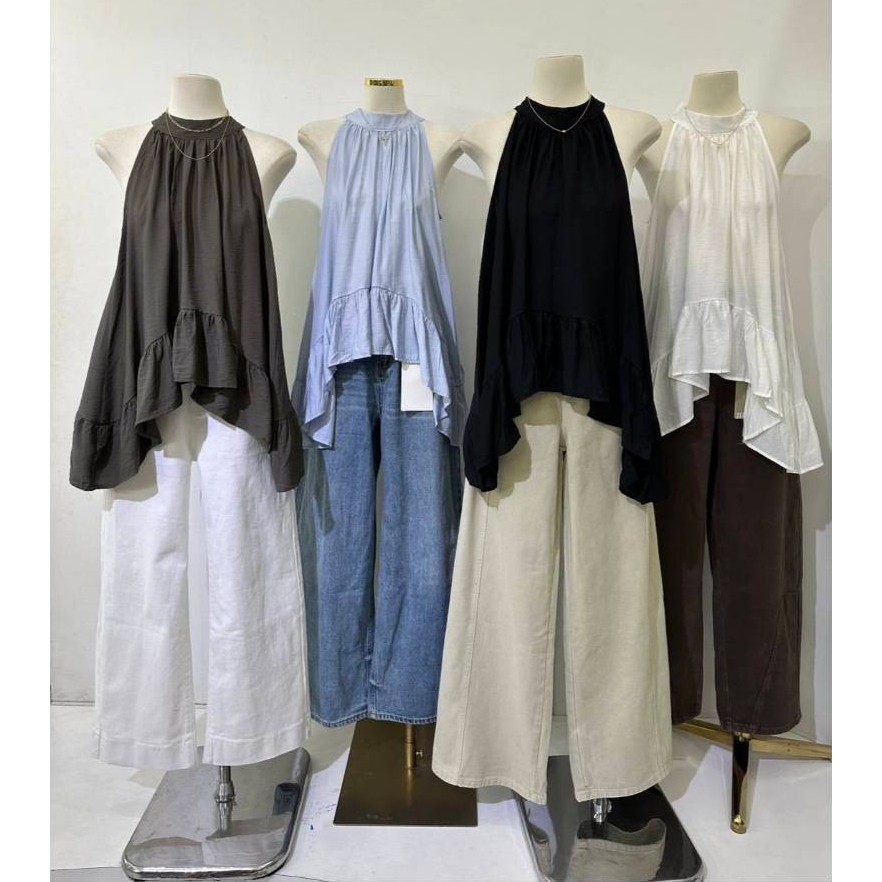M2122 New Arrival! เสื้อสายคล้องคอผูกโบว์หลัง ชายระบายพริ้วสวย สไตล์มินิมอลเกาหลี