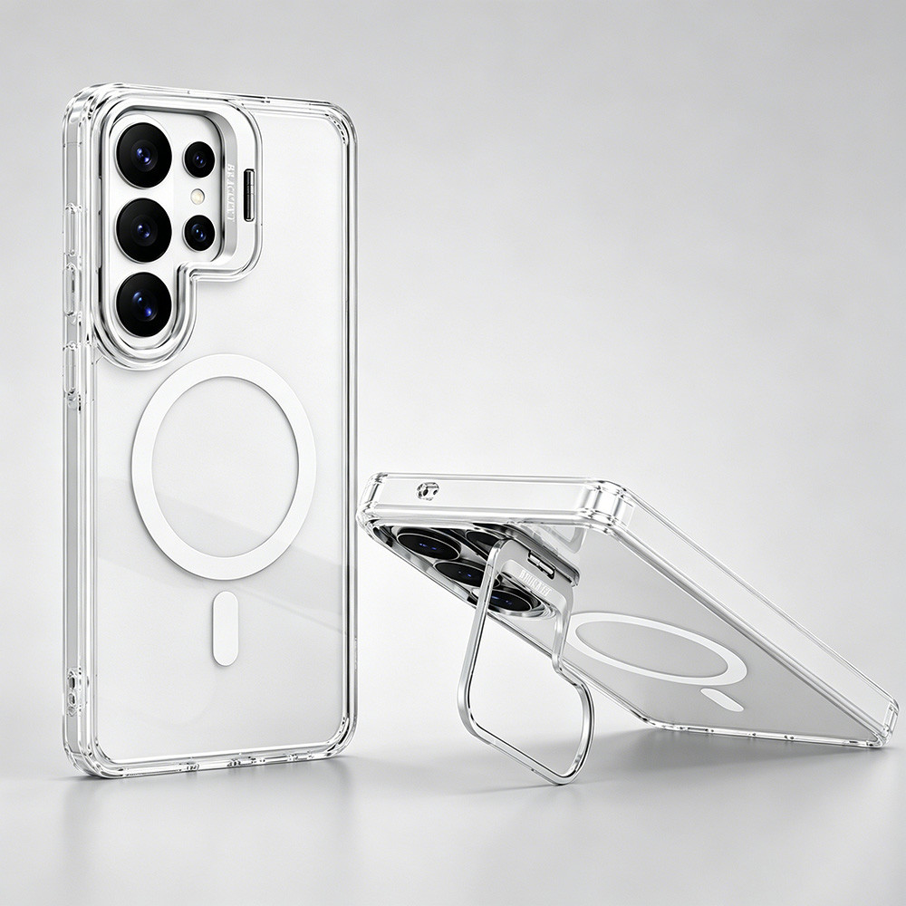 เคสป้องกันอะคริลิคใสแม่เหล็กเหมาะสําหรับ Samsung Galaxy S26 25 S24 S23 S22 Ultra Plus ชาร์จไร้สายที่เข้ากันได้, เคสป้องกันกันกระแทกพร้อมวงเล็บ