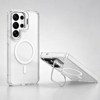 เคสป้องกันอะคริลิคใสแม่เหล็กเหมาะสําหรับ Samsung Galaxy S26 25 S24 S23 S22 Ultra Plus ชาร์จไร้สายที่เข้ากันได้, เคสป้องกันกันกระแทกพร้อมวงเล็บ