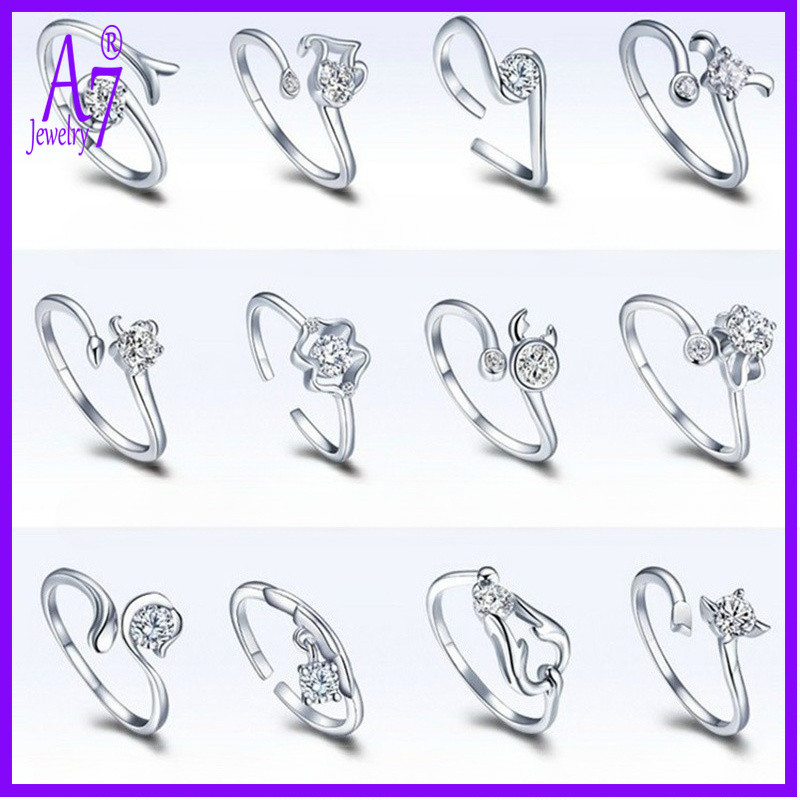 Vintage Minimalist Zodiac Sign เปิดแหวน Cubic Zirconia JJH1391